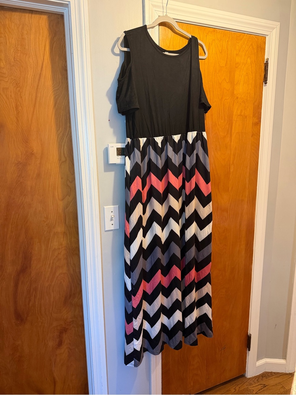 Cold-Shoulder Chevron Maxi Dress in Black and Pink, NWT